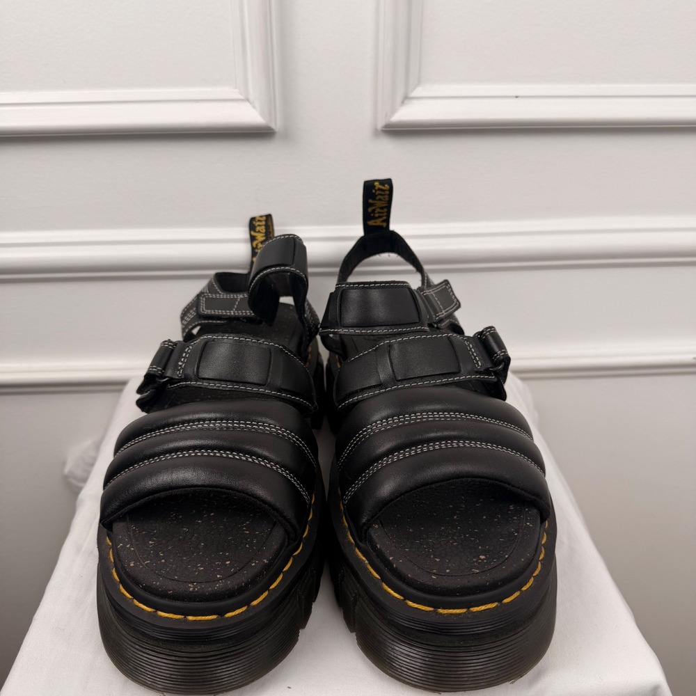 Dr. Martens Ricki 3-Strap Platform Sandals Black Leather Contrast Stitching
